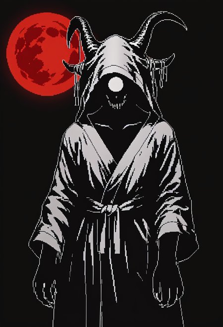 <lora:Pixel_BW_Style_ES_-_PonyXL:0.8> esbws, pixel art, black background, white outline, black body, high contrast, monochrome,red moon,horns,robe,, score_9, score_8_up, score_7_up, score_6_up, score_5_up,