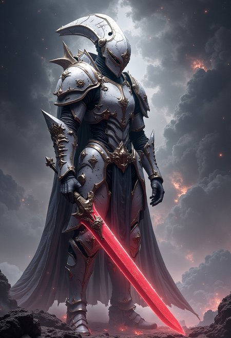 A alien knight wearing a white armor. 
He is holding a giant red sword.
Universe background, FredFraiStyle