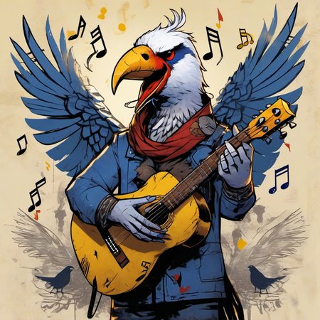1aarakocra, man bird, masterpiece, beautifull, medieval background, music notes in the air background, singing face, white and blue feathers, 1 red scar on the face, guitar in hands, yellow beak high-definition 8k, comicish artwork in dgst artstyle