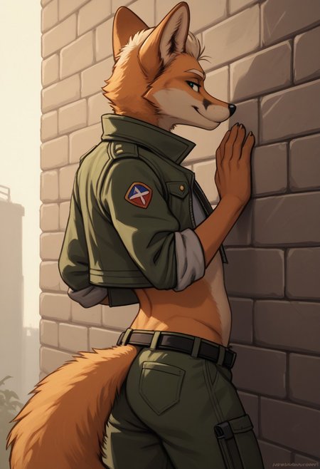 score_9, score_8_up, score_7_up, score_6_up, score_5_up, score_4_up, best quality, highly detailed, ((seductive)), intricate details, male, outside, army base, extremely detailed, smooth body, smooth lines, zaush style art, solo, 1furry, 1boy, (femboy fox McCloud, young), two toned fur, anthro, 1boy, cropped jacket, sly fox, sexy pose, seductive, leaning back against wall, cute midriff, navel, side view, cute butt