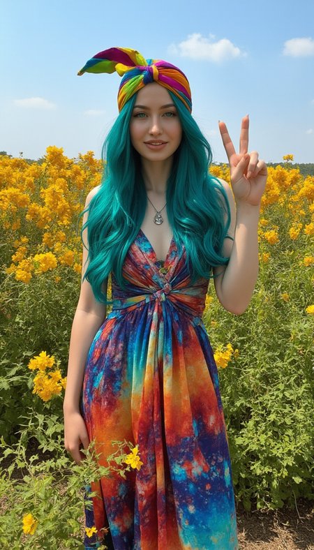 Generate an anime inspired image of a modern hippie girl.

She has long, flowing aqua hair with a bright vibrant headscarf Worn loosely around the neck. 

She wears a flowing maxi dress with spectral colors and scintillating patterns. She is wearing a peace sign necklace.

She stands in an open field of flowers with two fingers up in a peace sign

She has realistic skin that is not flawless. She has Sparkly light blue eyes. She has a button nose. She has a dainty chin. She has a well-rounded Close Set breasts. She has natural unshaven body hair.  She has not recently showered, her skin may be a little bit dirty. She wears little make-up except for her lip gloss.  She has unpainted fingernails
