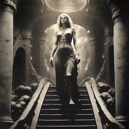 eldoria Goddess Lilitch descends the stairs to the underworld realm, dark atmosphere, very realistic detail, cinematic<lora:eldoria:1>
