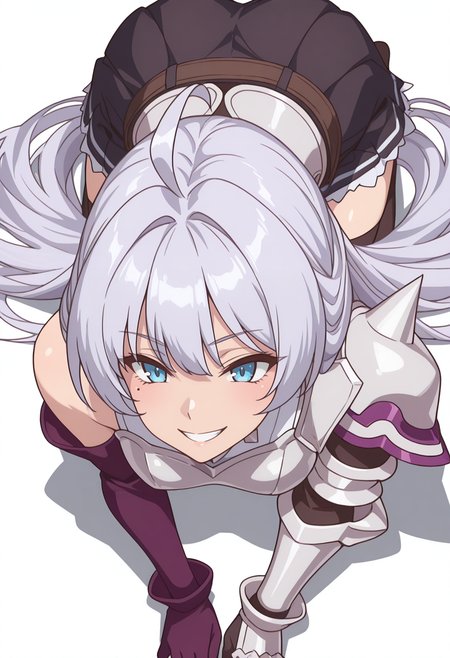 Smooth Quality,masterpiece,very intricate, high quality details, ultra realistic, high detailed skin,detailed enviorement,absurdres,
simple background, white background,
,from above,grin,excited,dogeza,
 <lora:Crylet_Kureha_cnn:0.8>
kurehacnn,1girl,bangs, blue eyes, ahoge, mole,  bare shoulders, grey hair, very long hair,
armor, skirt, thighhighs, detached sleeves, breastplate, belt, shoulder armor, gauntlets,