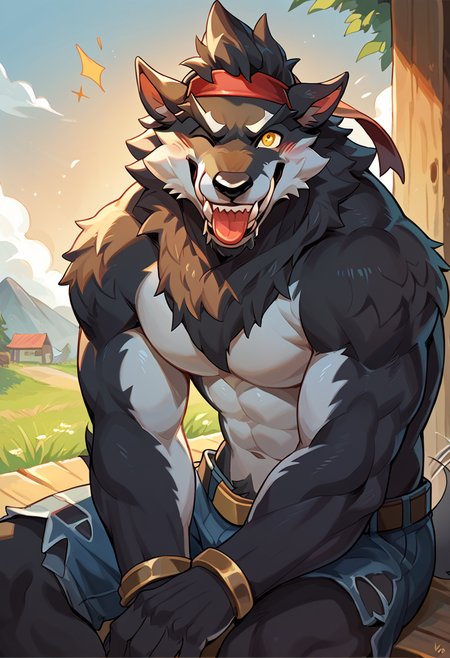 score_9, score_8_up,  score_7_up, (male:1.2), solo, furry, anthro, canine, (muscular:0.3), bara, shirtless, black fur, yellow eyes, topless, blush, smiling, happy, looking at viewer, cute:1.2, sitting, tailwag, wink, grin, tongue out, <lora:Dire_Fortnite:1>, dire, fortnite, werewolf