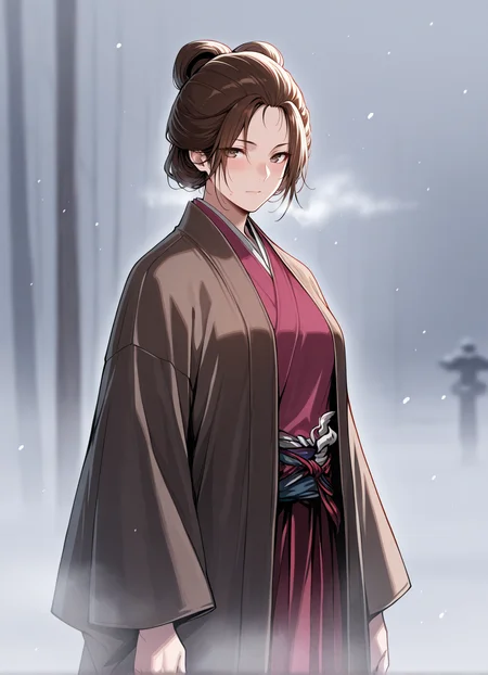 masterpiece,best quality, 1girl, standing,blurred background, (fog:1.2),snow background, solo, EmmaSekiro,looking at viewer,  <lora:EmmaSekiro:1>