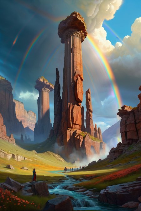 petrified stone forest during storm, sandstone pillars ,druidic stonehenges where earth-blood geysers erupt in ritual patterns, the air crackling with elemental convergence forces, waterfall, rainbow afternoon,weather humid with tension cinematic view, epic sky, detailed, concept art, low angle, high detail, warm lighting, volumetric, godrays, vivid, beautiful, trending on artstation, by Michael Whelan, huge scene, grass,flower, art greg rutkowski,
