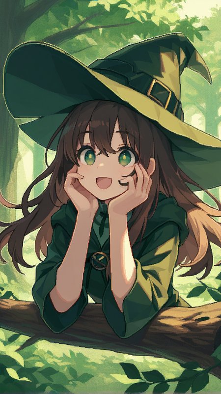 1girl, solo, long_hair, smile, open_mouth, bangs, brown_hair, long_sleeves, hat, green_eyes, upper_body, :d, tree, witch_hat, witch, hands_on_own_face, hands_on_own_cheeks