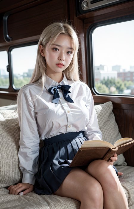 cinematic photo "A close-up portrait of a 17-year-old girl with flowing white hair, sitting attractively with her legs crossed while reading a book. She is wearing a crisp white shirt and a stylish pink school uniform skirt. The scene takes place in a bright and relaxed atmosphere at dawn, with the soft light of the early morning illuminating her surroundings. The background features a blue roof and white walls, enhanced by the warm glow of the rising sun. Her expression is focused and content as she immerses herself in the book, with her white hair cascading around her, creating a cozy and inviting ambiance."
<lora:Better_Pose:1>  <lora:fluxenhancer:1> <lora:sparklycism:1>, <lora:Tangbohu_real_style_FLUX_type_A:1>, 35mm photograph, film, (bokeh:1.3), professional, 4k, highly detailed