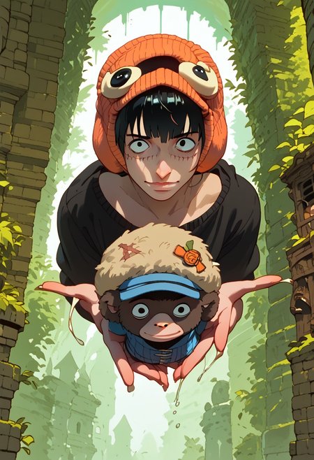 score_9, score_8_up, score_7_up, score_6, score_5, anime, hyper detailed face, perfect face, perfect eyes, perfect anatomy, perfect hands, closeup, 1boy, solo, black eyes, black hair, fully clothed, athletic, dungeon, medieval fantasy, ((Koala hat, koala beanie, Croco_scar across face))