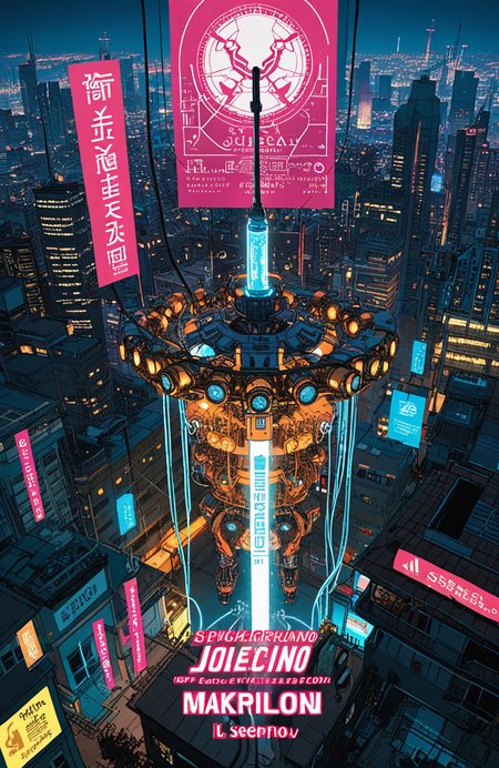 score_9, score_8_up, score_7_up, score_6_up, 
Futuristic Cyberpunk Poster, Featuring a cyborg  girl samurai withseetrough silk kimono flowing in the wind, a menpo face mask and a large conical hat, mechanical limbs, the cyborg is holding a glowing katana on its shoulder, dangerous, mysterious, eerie, red and cyan lights, squatting on a pole high above night city, the city is filled with loose wires, advertisement and holograms, background has eye catching contrast colors, japanese letters, text "Kanshi" rule of thirds, great composition, anime, cyberpunk, glow, darkness, symmetry, elegance,
 <lora:add-detail-xl:0.8>,  <lora:1g0rXLP:0.8> 1g0r, ,