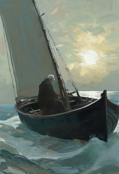 In a dark theme, a dramatic scene unfolds on the canvas in the cinematic style of impressionism. In the center is a lonely old man with gray hair and a white beard, lost in his thoughts. He is gloomy and concentrated, and all attention is drawn to his face. The old man is sailing in a boat on the sea, surrounded by waves. The detailed image hints at the ghosts of the past that follow him,