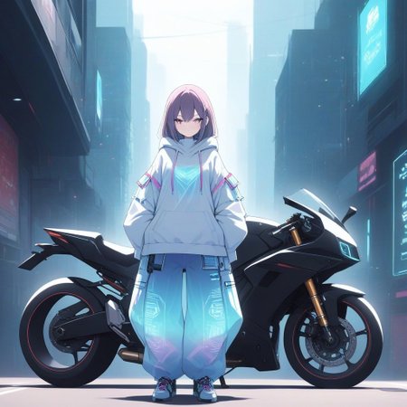 a cyberpunk hacker girl standing outside of a futuristic ramen shop next to her parked high tech motorcycle, she is wearing baggy holographic pants and hoodie, and a digital rebreather, digiswag, high quality, high resolution