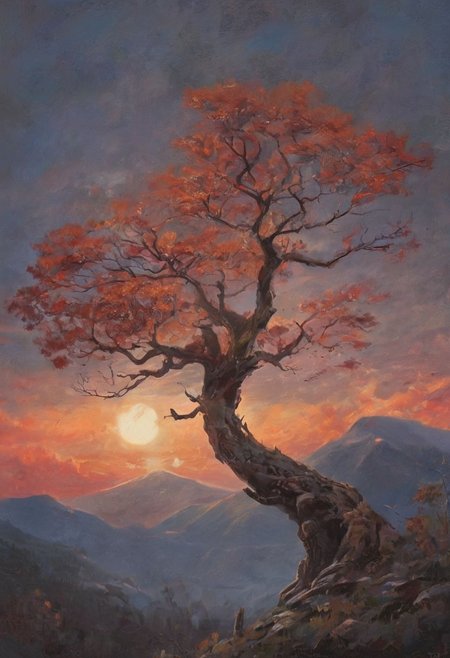 the image presents a surrealistic landscape scene. dominating the background is a large mountain, adorned with a red orange hue that transitions into deep orange and brown hues near the peak. the mountain's top is capped with a red light, adding an eerie glow to the scene. in the foreground, there's a tree with gnarled branches reaching out towards the sky, reminiscent of a bony hand. this tree appears to be made of black lines against a backdrop of red orange clouds. above, the night sky is visible, with the moon casting a soft white light. despite being set at night, the colors and lighting give the scene a dreamy and ethereal quality., romantic impressionism, dream scenery art, beautiful oil matte painting, romantic, style of thomas kinkade, beautiful digital painting, anime landscape, romantic painting, thomas kinkade style painting, dreamlike digital painting, colorful painting, beautiful gorgeous digital art, style thomas kinkade