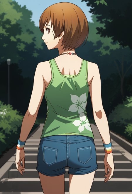 score_9, score_8_up, source_anime
1 girl, solo, cute face,
p4chie, satonaka chie, short hair, brown hair,
p4chie-sumcas, jewelry, necklace, tank top, green tank top, floral print, bare shoulders, collarbone, wristbands, multicolor wristbands, short shorts, blue shorts,
outdoors, park, walking, from behind, rear view, looking back,
masterpiece, best quality, ultra detailed,