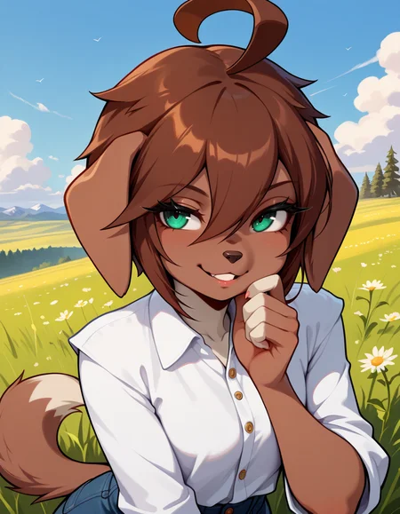 masterpiece, best quality, very aesthetic, absurdres,
outdoors, 
headshot,
button-down shirt,
seductive smile, parted lips, long eyelashes,
<lora:Kess_v01_NAIXL:1>
Kess,1girl,solo,furry,furry female,dog girl,brown hair,short hair,hair between eyes,dog ears,green eyes,snout,animal nose,body fur,brown fur,dog tail,