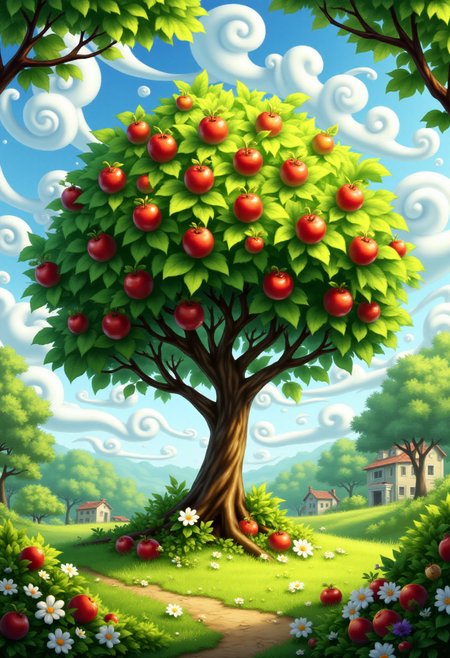 <lora:KFT_Curse_of_Dragons_Crown_Style_FLUX:1>
The image is a vibrant, digitally created kftfantasy illustration featuring   an apple tree in a park