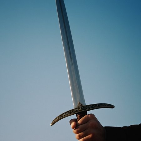 cinematic film still of  <lora:Sharp detailed high quality image style v1:1>
Sharp detailed high quality image of a person holding a sword in their hand, detailed background, 12K, high megapixel, realistic, realism, different, raw image, sharp style, solo, holding, weapon, sky, day, sword, holding weapon, blue sky, gradient background, blue background, holding sword, shallow depth of field, vignette, highly detailed, high budget, bokeh, cinemascope, moody, epic, gorgeous, film grain, grainy