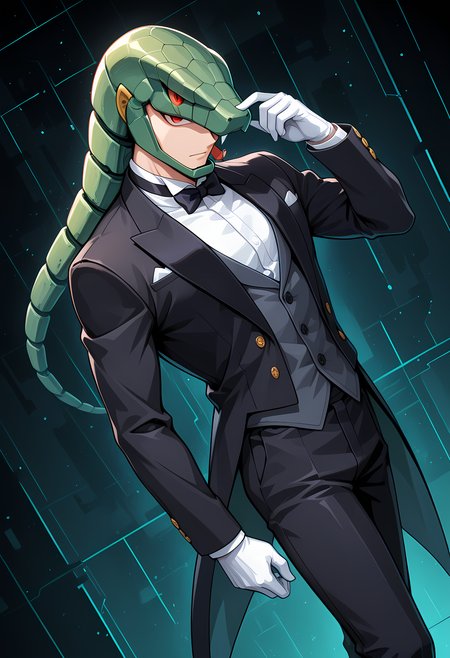 masterpiece, best quality, amazing quality, dutch angle, abstract background, BREAK
solo, male, 1boy, mm3_snake, snake helmet, red eyes, black tuxedo, bow tie, formal, BREAK
<lora:cfg_scale_boost:.6>  <lora:Snake_Man_-_Megaman_3_-_ILXL:1>