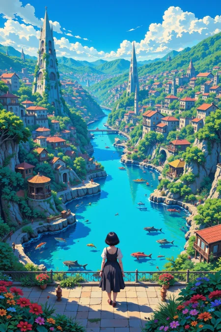 an aquatic city beautiful landscape, noon, woman, very intricate, very detailed, sharp, bright, colorful, <lora:Hand v2:0.5> <lora:Anti-Blur:1><lora:Insane Detail Slider:0.25>  <lora:flux.1_lora_flyway_Epic-detail_v2:0.3> <lora:fluxenhancer:0.25> <lora:ROWER:0.6> <lora:flux-charmer-v1-1:0.4>>  <lora:Anime_style:0.8> anime style