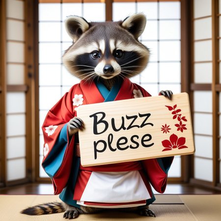 japan, traditional japanese tea-house,  a cutting racoon in geisha costume holding sign with text "buzz please", buzz