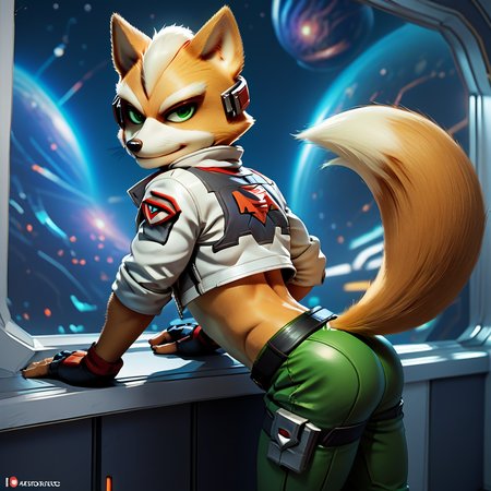 score_9, score_8_up, score_7_up, score_6_up, score_5_up, score_4_up, Fox McCloud, spaceship, male, solo, midriff, navel, green eyes, seductive look, side view, bending over, cute butt, source_furry  <lora:Fox_McCloud_Pony:0.7>