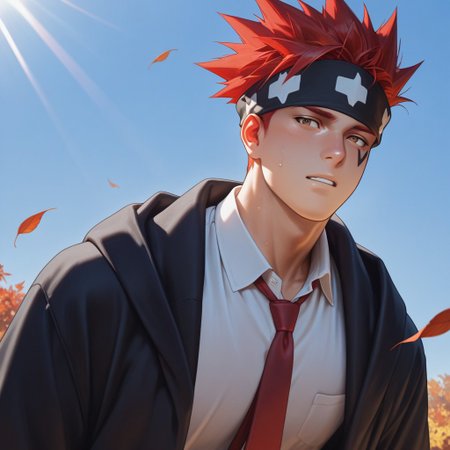 masterpiece, best quality, amazing quality, absurdres, newest, detailed background, definition so sharp, Ultra-HD, 8K cinematic, very awa, impressionate, amazing quality, highres, d10w21ll,
solo, male focus, manly, mature male, bara, day, blue sky, outdoor, sunbeam, windy, flying leaf, 
d0tb, d0tb_red hair, d0tb_brown eyes,
1boy, spiked hair, facial tattoo, headband, black cloak, white collared shirt, red tie,