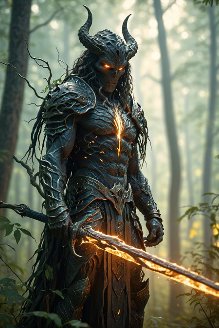 Silhouettes of dark ghostly tree man. Capture the essence of Nature's mystical beings He stands ready to fight intruders.
long hair. Glowing eyes. Glowing spear. Forest color palette. Light armor made of roots and leaf. Realistic.
DEVIL SPAWN. Cinematic lighting, Volumetric lighting, Epic composition, Photorealism, Bokeh blur, darkness, night, moon light, intricate glowing aether tattoos,
<lora:HKStyle:0.75> HKStyle,
<lora:add-detail-xl:0.85>,
<lora:EnvyBetterHiresFixXL01:1.0>,
<lora:extremely_detailed:1.0>, extremely detailed,
<lora:EnvyStarlightAetherglow01:1>