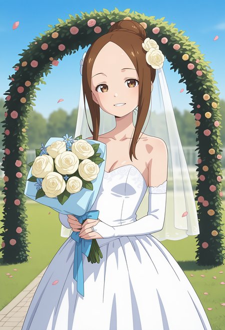 anime screencap, masterpiece, best quality,
<lora:KarakaiJouzuNoTakagi-San_Takagi(Adult)_IlluXL:0.9>,
1girl, solo, light smile, teeth,
single hair bun, parted bangs, forehead, brown hair, brown eyes,
hair flower, bridal veil, wedding dress, white dress, cleavage, small breasts, bridal gauntlets, white gloves, 
holding bouquet,
standing, looking at viewer, petals,
outdoors, garden, grass, flower, floral arch, blue sky, photo background, blurry background