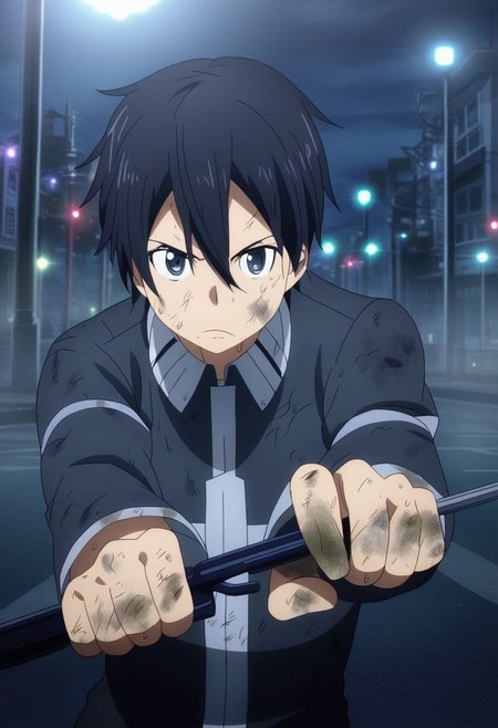 high resolution, professional photography, solo, best quality, 1Boy, Kazuto Kirigaya, Black Hair, Black Eyes, potrait, midnight, big city, dim street lights, dirty, cold, tense, mysterious, sharp eyes, merciless, threatening, weapon, aiming the weapon at the viewer, OverallDetail