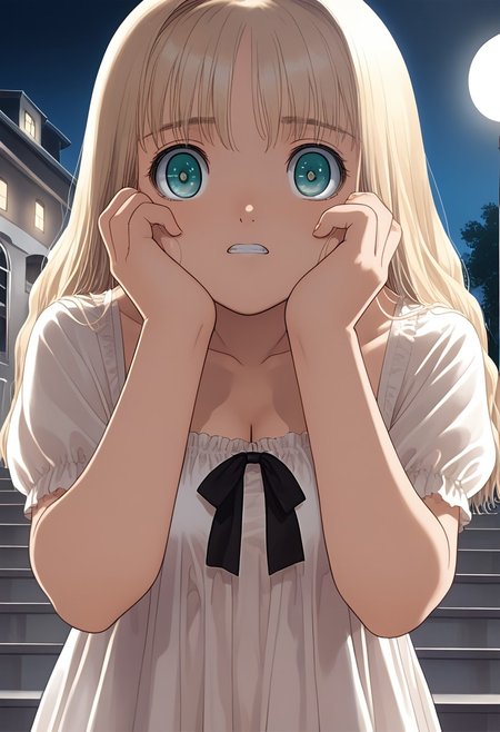 hortensia,score_9,score_8_up,score_7_up,source_anime,best_quality,masterpiece,super_fine_illustration,8k,1girl,solo,adorable_girl,looking_at_viewer,blonde_hair,(long_hair:1.3),white_long_sundress,empty_cinema,lights_off,
(((horror movie))), ((big screen)), ((hands on own face)), ((cinema seating)), scared, with eyes open, cocacola, disposable cup, stairs, night,