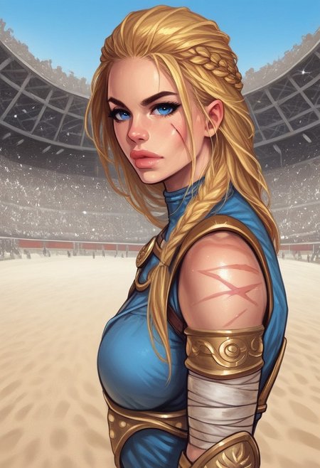 1girl, (((side view))), illustration, highly detailed, skinny, model body, looking at viewer, 1girl, masterpiece, best quality, femgladiator, scar, bloody, dynamic pose, <lora:Gladiator_F_For_Honor:0.9>
BREAK
(((((Bestiary gladiator armor, scars))))), ((((dynamic pose))))
long hair, blonde hair, big hair, blue eyes,
(((a short soft tunic, arms and legs bandaged with tight bandages)))
best quality, depth of field, bokeh, (((full clothed))), 
BREAK 
((((outdoor, gladiator arena, sand, colosseum, scars, bloody:1.2)))) score_9, score_8_up, score_7_up, score_6_up, source_cartoon, rating_explicit, Expressiveh, ((((upper body))))), dynamic pose,