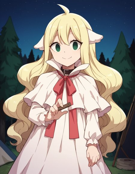 score_9, score_8_up, score_7_up, source_anime, <lora:mavis-vermillion-anime-ponyxl-lora-nochekaiser:1>, mavis, long hair, blonde hair, green eyes, ahoge, wavy hair, animal ears,, dress, white dress, collar, ribbon, red ribbon, capelet, long sleeves,, camping, bonfire, tent, stargazing, marshmallows, forest clearing, night, smile, looking at viewer, hand making an OK sign, solo,, cowboy shot, dutch angle