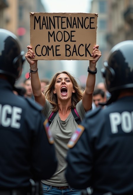 A photograph of a screaming, ragged, angry madwomen protesting with a poster in his hands that says "MAINTENANCE MODE, COME BACK", police officers stand in the foreground with their backs to the viewer,