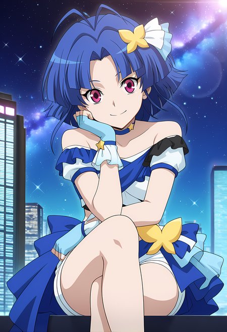 masterpiece,best quality,amazing quality,

solo, 

Am Chouno (Cardfight Vanguard), short hair, blue hair, antenna hair,

idol outfit, idol, blue choker, blue gloves, fingerless gloves, white shorts, 

looking at viewer, smile, cheeks leaning on arm, 

cinematic, crossing legs, 

Outdoors, night, On top skyscraper, sci-fi city, (galaxy sky:1.2),

Lens flare, bloom, detailed shadow,

Official style, anime screencap, anime coloring,












