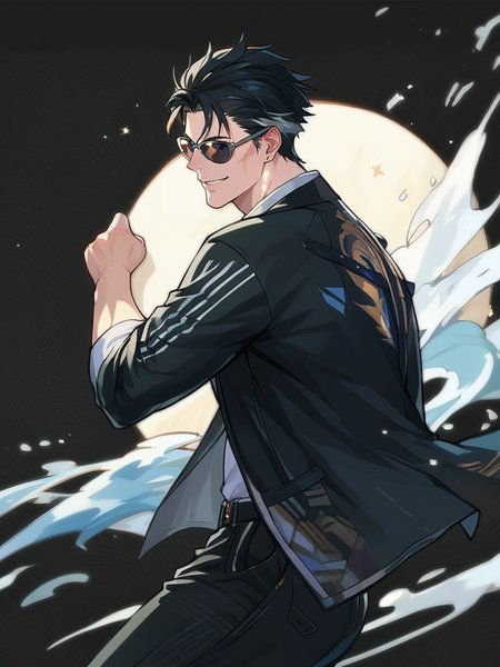score_9, score_8_up, score_7_up, rockstar boy, black jacket, cool, from side, leaning forward, epic pose, muscular, evil smile, looking at viewer, simple black background, cowboy shot, dynamic pose, splash art, concept art, cowboy shot,black hair, sunglasses, shirt, pants,
 <lora:wutheringwavesXLP_style:1>