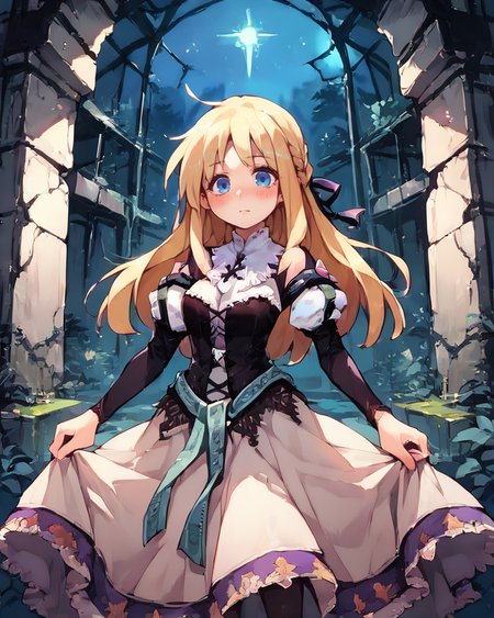 (score_9, score_8_up, score_7_up), source anime, indoors, forest, night, ruins, (night), stars, cosmos, <lora:backgroundsetXL:0.2> , background, woman ruins standing, female focus, blush, looking at viewer, <lora:HandFixer_pdxl_Incrs_v1:0.35> , handfixer, depth of field, highly detailed,(cowboy shot),  <lora:StS_detail_slider_v1PonyXL:1>, detailed, clutter, <lora:Manhwa-Artstyle__PonyXL__Shufflebox:0.35> , Manhwa-Artstyle, anime_source,   <lora:Yggdra:0.8> , yggdef, 1girl, blonde hair, long hair, blue eyes, hair ribbon, ascot, juliet sleeves, black sleeves, dress, cross-laced clothes, cross-laced dress, lace-trimmed dress, lace trim, corset, black pantyhose,