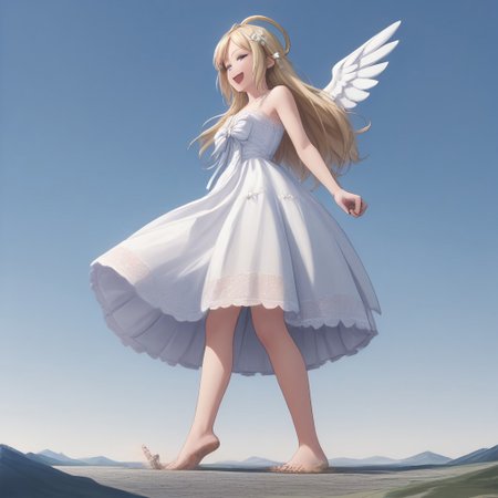 score_9, score_8_up, score_7_up, score_6_up, score_5_up, macro, giantess,( 1girl:1.5), solo focus, ecute, blue eyes, flower, hair ornament, blonde hair, long hair, white dress, smug, (lace dress, lace:1.5), blonde, (low angle, from below:1.4), giantess, macro, blonde hair, landscape, barefoot, smiling, happy, sunny blue sky background, tiny cities, tiny landscape, landscape dwarfing, soles, dirty feet, feet, w1ngs, angel wings, angel, halo, angel halo, flat landscape, (twirl_spin, holding dress, spinning, dancing, happy, close up toes, toes:1.3), full body