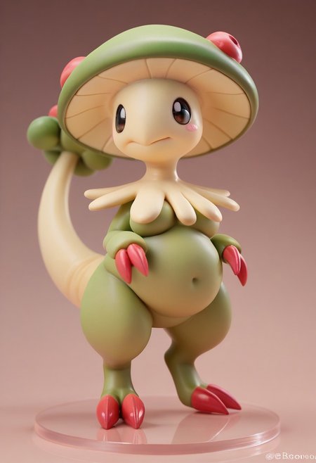 score_9, score_8_up, score_7_up, score_6_up,anime, 1girl, solo, Breloom, Pokemon (creature), green body, mushroom head, two claws, tail, no breasts, plump, horny expression, (seductive), chubby. Chibi