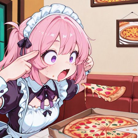 CivChan, purple eyes, pink hair, wide mouth, eating slice, drool, wide eyed, meme, exaggerated expression,  pizza drooping, looking at pizza, in restaurant, solo, holding pizza slice, side profile, pizzakinesis, man levitating pizza (meme), pizza slice, floating food, fingers to head, maid outfit, solo