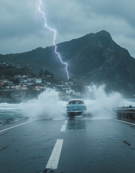 <lora:City_Worlds_01_v1_Roads_flux:1> realistic photo of citybkg, low buildings, mountain, town, scenery, sea side road, storm, high waves, old car, from tail, wet, rain, clouds, splashing waves, stunning effects, lightning,