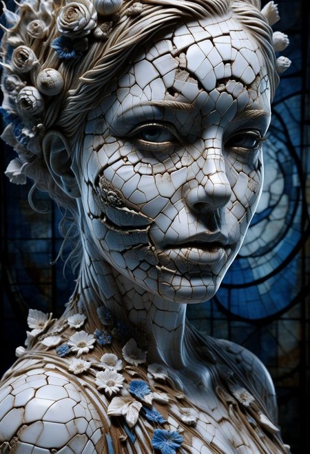 Close-up porcelain face, mysterious silhouette of a porcelain woman in worn down porcelain clothing, white and blue porcelain, alluring goddess, by Minjae Lee, Carne Griffiths, Emily Kell, Steve McCurry, Geoffroy Thoorens, Aaron Horkey, Jordan Grimmer, Greg Rutkowski, amazing depth, double exposure, surreal, geometric patterns, intricately detailed, bokeh,  perfect balanced, deep fine borders, artistic photorealism , smooth,  great masterwork by Suiras  <lora:add-detail-xl:2>  <lora:Double_Exposure:0.5>