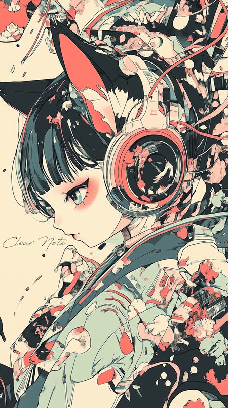 Japanese anime art style, tessellation, A girl in a cute kimono is looking at me, Cat ears, Futuristic, Cyberpunk, headphone