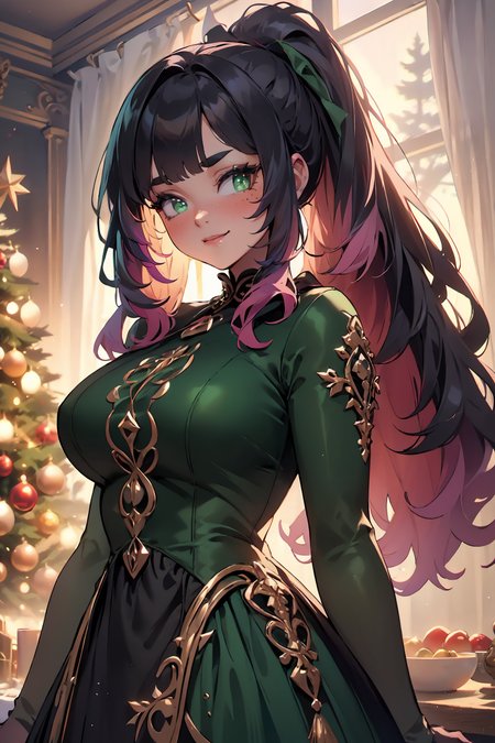 (masterpiece, best quality, highres, high resolution:1.2), extremely detailed, intricate details, 1girl, solo, looking at viewer, clamEmma, <lora:clamEmma:0.6>,  <lora:HolidayIdidalittlebit:0.8> holidayxl style, holidayxl style dress, smile, christmas tree, side-swept bangs, black hair, pink IncursioDipDyedHair, messy mid ponytail, green eyes, thick eyebrows, freckles, <lora:DipDyedHair:0.8>, <lora:weight_slider_v2:0.25>, (cinematic lighting, bloom, volumetric)