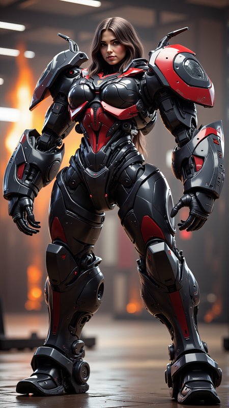 fitness-obsessed gym bro woman in jacked-up muscle-themed mech suit, power armor styled after bulging biceps, abdominal plating, and exaggerated muscle curves, enormous breastplate molded over large breasts, flexing in front of a flaming training hall, black and red color scheme, protein capsule rack on her utility belt, stomping the ground with thick mech boots  
masterpiece, best quality, full body, photorealistic, sci-fi muscle mech suit, high-energy gundam gym girl





FMECHLAS-MK.1