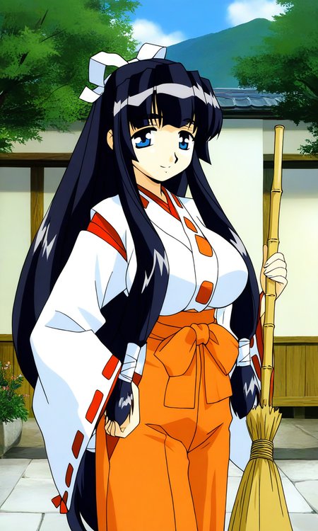 general,highres, ultra-detailed,very aesthetic,best quality ,best hands, BREAK <lora:Yamagami_Shino_Final_romance4_Ver2.0_IS:1>
Yamagami_Shino, 1girl, solo, very long hair, blue eyes, black hair, large breasts, bangs,  very long hair, hair ribbon, sidelocks, low-tied long hair,
miko, japanese clothes, hakama skirt, ribbon, orange hakama, 
long sleeves, holding broom, bamboo broom, wide sleeves, looking at viewer,
outdoors, ribbon-trimmed sleeves, smile, red hakama, standing, day, cowboy shot