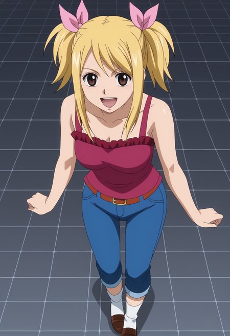 score_9, score_8_up, score_7_up, anime screencap, BREAK, 1girl, solo,   <lora:DX888Lucy:1> lucy heartfilia, brown eyes, twintails, BREAK dark gray background, simple background, grid background,  happy, ^o^, open mouth, xd, Bow Flats, Scalloped Ankle Socks, Gingham Pants, Ruffle-neck Top