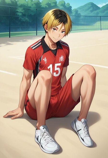 score_9, score_8_up, score_7_up, source_anime, highly detailed, kenma, 1boy, male focus, solo, blonde hair, sportswear, volleyball uniform, multicolored hair, shorts, two-tone hair, black hair, red shorts, slim, lying, sit, short height, smile, looking at viewer, outdoors, bare legs, white sneakers, masterpiece, best quality, best aesthetic, presenting, sexually suggestive, rating_explicit, yaoi,