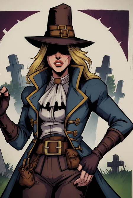GrveRbber,blonde hair, shaded face,  dark lines, 
top hat,coat,pants,fingerless gloves,belt,ascot,
woods,dark,graveyard,darkest dungeon,
(insanely detailed,  masterpiece, best quality),<lora:GraveRobber-10DDv7:0.9>,
