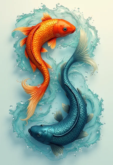 A pair of fish swimming in a continuous loop, forming the shape of an infinity symbol. One fish is painted in vibrant warm tones, while the other in cool blues and greens, symbolizing the endless flow and balance of nature. The water around them has a swirling, dynamic texture, creating a sense of movement and unity.