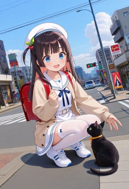 1girl,solo,cute girl,cute face,beautiful face,kawaii,very long legs,slender legs,masterpiece,best quality,amazing quality,very aesthetic,absurdres,highres,pastel colors,very awa,good aesthetic,hyper details,beautiful,amazing,
BREAK
blue eyes,side hair,one side up,long hair,straight_hair,blunt bangs,bangs,black hair,hime cut,(cherry hair ornament:1.1),one_side_up,
BREAK
sailor dress,white dress,bule sailor collar,white_cropped_shirt,white belt,miniskirt,open clothes,puffy long sleeves,open cardigan,beige brown cardigan,sleeves past wrists,
white hat,white thighhighs,neck ribbon,white footwear,shoes,sneakers,
(clothing_slip:1.4),
feature large highlight,feature double highlights,
1cat,black cat,
full body,
red randoseru,
<lora:Japanese_Suburbs:0.8>,Japanese Suburbs,shop,scenery,outdoors,road,sign,building,street,road sign,city,power lines,utility pole,traffic light,crosswalk,lamppost,sidewalk,cityscape,photo background,
(kasukabe akira:0.5),zebra crossing,cloud,blue sky,looking_at_another,:d,happy,dutch angle,squatting,looking at cat,reaching,